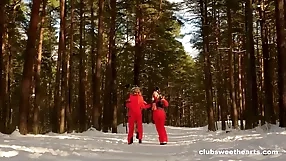Lesbian snowball fight turns dildo,fetish